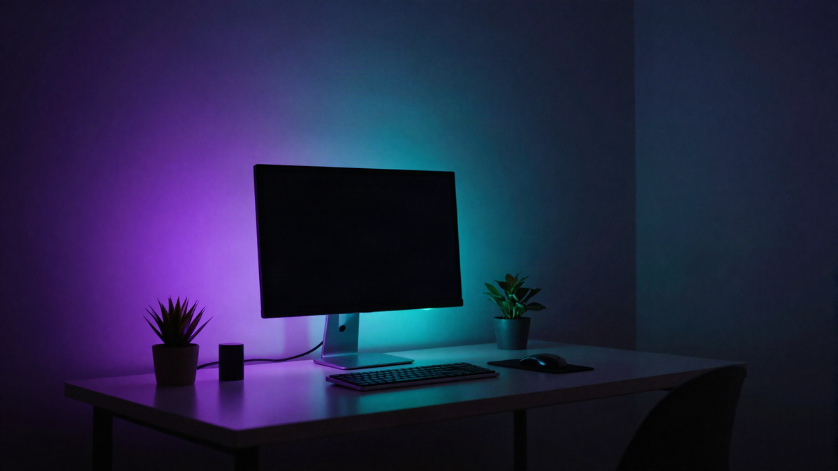 Dark desk setup at night lit by violet and cyan ambient RGB lighting